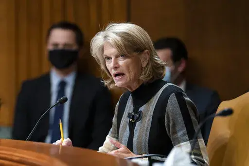 Sen. Lisa Murkowski, R-Alaksa, questions Commerce Secretary Gina Raimondo during a Senate Appropriations Subcommittee on Commerce, Justice, Science, and Related Agencies hearing on expanding broadband access, Tuesday Feb. 1, 2022, on Capitol Hill in Washington. (Sarah Silbiger/The New York Times via AP, Pool)