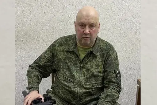 In this handout photo released by Russian Defense Ministry Press Service on Saturday, June 24, 2023, the top Russian military commander in Ukraine, Gen. Sergei Surovikin records his appeal to armed rebellion at the unknown location. Gen. Surovikin, a former commander of Russia's forces in Ukraine who was linked to the leader of an armed rebellion, has been dismissed from his job as chief of the air force, according to Russian state media. The report Wednesday, Aug. 23, 2023, came after weeks of 