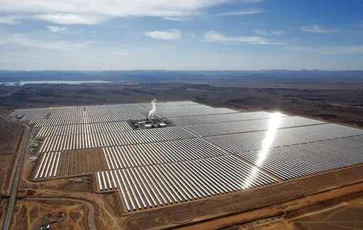 An aerial view of a solar power plant in Ouarzazate, central Morocco on Feb.4, 2016. Renewable energy's potential across the African continent remains largely untapped, according to a new report in April 2022 by the United Nation's Intergovernmental Panel on Climate Change. (AP Photo/Abdeljalil Bounhar, File)