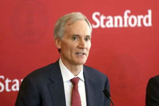 Marc Tessier-Lavigne speaks to the media at Stanford University in Stanford, Calif., on Feb. 4, 2016. Tessier-Lavigne, the president of Stanford University said Wednesday, July 19, 2023, he would resign, citing an independent review that cleared him of research misconduct but found flaws in other papers authored by his lab. Tessier-Lavigne said in a statement to students and staff that he would step down Aug. 31. (Patrick Tehan/Bay Area News Group via AP)