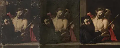 This combination of photos provided by the Prado Museum on Monday May 6, 2024 shows the restoration work on Caravaggio's "Ecce Homo". Spain's Prado Museum has confirmed that a painting that was due to be auctioned in Madrid in 2021 is in fact a work by Italian Baroque master Michelangelo Merisi da Caravaggio that was considered lost. (Prado Museum, via AP)