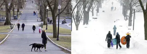 This two picture combination shows scenes from a mild day on Feb. 13, 2023, at left, and a snowy day on Feb. 9, 2015, at right, as people walk through the Boston Common in Boston. Snow totals are far below average from Boston to Philadelphia in 2023 and warmer temperatures have often resulted in more spring-like days than blizzard-like conditions. (AP Photo/Steven Senne)
