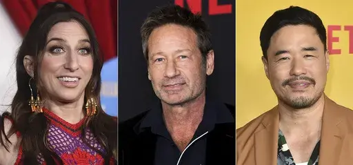 Chelsea Peretti appears at the premiere of "Sing 2" in Los Angeles on Dec. 12, 2021, left, David Duchovny appears at the premiere of Netflix's "You People" in Los Angeles on Jan. 17, 2023, center, and Randall Park appears at special screening of "Blockbuster" in Los Angeles on Oct. 27, 2022. Films directed by Peretti, Duchovny and Park will premiere at the 22nd Tribeca Film Festival, which is running June 7-18. (AP Photo)