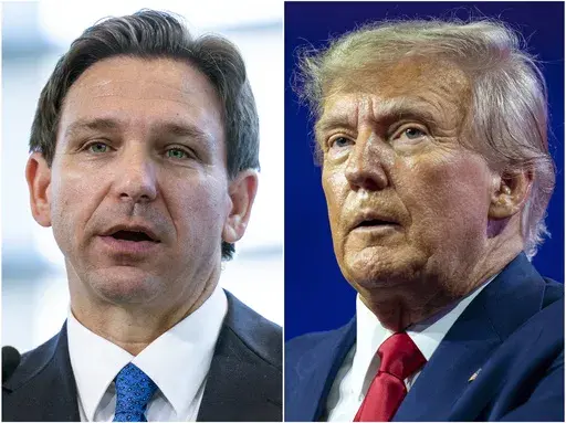 This combination of photos shows Florida Gov. Ron DeSantis speaking on April 21, 2023, in Oxon Hill, Md., left, and former President Donald Trump speaking on March 4, 2023, at National Harbor in Oxon Hill, Md. The competition between Trump and DeSantis is intensifying as the former president is scheduling a return trip to Iowa on the same day that the Florida governor was already going to be in the state that will kick off the Republican contest for the White House. (AP Photo/Alex Brandon)