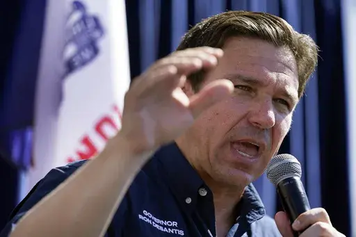 Republican presidential candidate Florida Gov. Ron DeSantis speaks during a Fair-Side Chat at the Iowa State Fair, Aug. 12, 2023, in Des Moines, Iowa. DeSantis said Saturday, Aug 26, 2023, in a post on the social media site X, formerly known as Twitter, that he has directed state emergency officials begin preparations for a storm. (AP Photo/Jeff Roberson, File)
