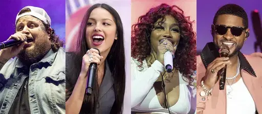 This combination of images shows, from left, Jelly Roll, Olivia Rodrigo, SZA and Usher who will perform at iHeartRadio's 2023 Jingle Ball. (AP Photo)