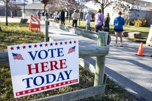 Patrons of the Gallatin County Fairgrounds wait in line to cast their ballots in Bozeman, Mont., Nov. 3, 2020. (AP Photo/Tommy Martino, File)