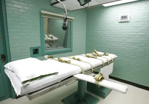 The gurney in Huntsville, Texas, where inmates are strapped down to receive a lethal dose of drugs, is shown May 27, 2008. Public support and use of the death penalty in 2022 continued its more than two-decade long decline in the U.S., and many of the executions that were carried out were “botched” or highly problematic, according to an annual report on capital punishment released Friday, Dec. 16. (AP Photo/Pat Sullivan, File)