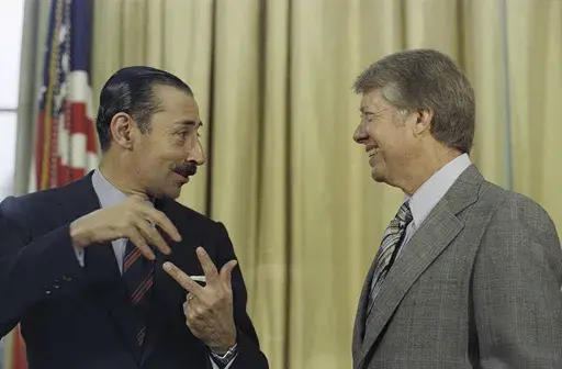 President Jimmy Carter with Jorge R. Videla, President of Argentina, at a meeting at the White House in Washington on Sept. 9, 1977. (AP Photo/Bob Daugherty, File)
