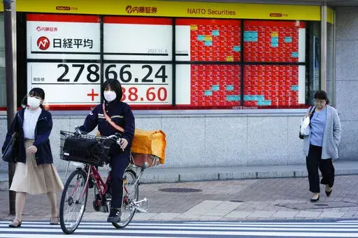Women move past monitors showing Japan's Nikkei 225 index at a securities firm in Tokyo, Tuesday, Nov. 8, 2022. Asian stocks were mixed Tuesday ahead of the U.S. midterm elections with trading likely to stay bumpy in a week that brings new inflation data and other events that could shake markets. (AP Photo/Hiro Komae)