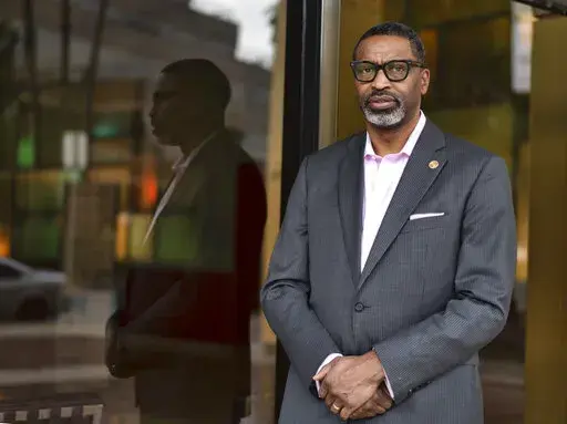 NAACP President Derrick Johnson poses for a photo on Saturday, Jan. 15, 2022, in Los Angeles. The NAACP, the nation's oldest civil rights organization, will soon celebrate its 113th birthday, which its leaderships said comes as it undergoes a restructuring to reflect a membership and leadership that is trending younger. "We had to reinvigorate the organization," national president Derrick Johnson, 54, told The Associated Press in a wide-ranging interview this month. ​(AP Photo/Richard Vogel)