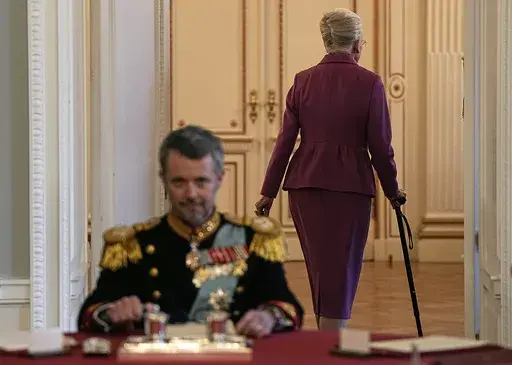 Queen Margrethe leaves the meeting of the Council of State after signing the declaration of abdication, in Copenhagen, Sunday, Jan. 14, 2024. Queen Margrethe II has signed her historic abdication, a step that paves the way for her son Frederik X to immediately become king. (Mads Claus Rasmussen/Ritzau Scanpix via AP)