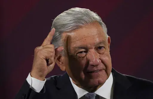 Mexican President Andres Manuel Lopez Obrador gives his regularly scheduled morning press conference at the National Palace in Mexico City, Tuesday, Feb. 28, 2023. (AP Photo/Marco Ugarte)