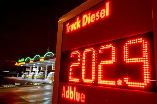 The Diesel price for trucks is displayed at a gas station in Frankfurt, Germany, Friday, Jan. 27, 2023. A European ban on imports of diesel fuel and other products made from crude oil in Russian refineries takes effect Feb. 5. The goal is to stop feeding Russia's war chest, but it's not so simple. Diesel prices have already jumped since the war started on Feb. 24, and they could rise again. (AP Photo/Michael Probst)