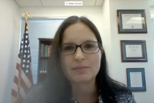 In this image from video provided by the U.S. Senate, Aileen M. Cannon speaks remotely during a Senate Judiciary Committee oversight nomination hearing to be U.S. District Court for the Southern District of Florida on July 29, 2020, in Washington. The federal judge overseeing the Florida classified documents case against Donald Trump is holding a hearing about a potential conflict of interest involving a co-defendant's lawyer. (U.S. Senate via AP)