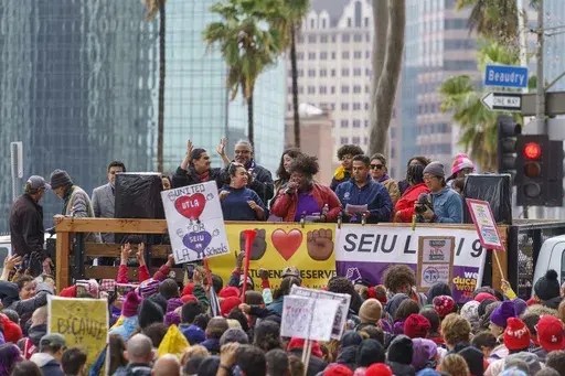 Union leaders address thousands of Los Angeles Unified School District teachers and Service Employees International Union 99 members during a rally outside the LAUSD headquarters in Los Angeles on March 21, 2023. In an agreement announced Saturday, April 8, Los Angeles Unified School District workers approved a labor deal following a massive three-day strike over wages and staffing that halted education for students in one of the nation's largest school systems. (AP Photo/Damian Dovarganes, File