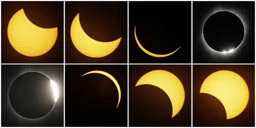 This combination of photos shows the path of the sun during a total eclipse by the moon Monday, Aug. 21, 2017, near Redmond, Ore. On April 8, 2024, spectators who aren't near the path of totality or who get cloudy weather on eclipse day can still catch the total solar eclipse, with NASA, science centers and media organizations planning to stream live coverage online from different locations along the path. (AP Photo/Ted S. Warren, File)
