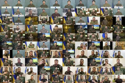This combination of images from video provided by the Ukrainian Presidential Press Office, shows Ukrainian President Volodymyr Zelenskyy speaks from Kyiv, Ukraine, in his video addresses from Feb. 24, 2022, to June 3, 2022. From the start of the war, Zelenskyy has spoken to the Ukrainian people at the conclusion of every day, rallying them to the fight, telling them of his efforts to get ever more Western weapons and sharing their pain. His actor-trained voice can be soothing, a deep, confidenti
