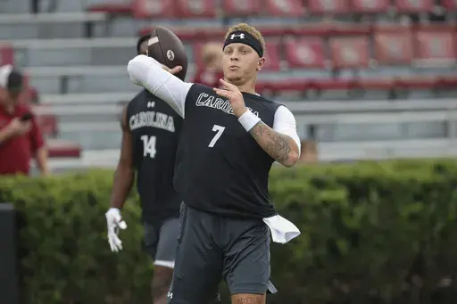 South Carolina quarterback Spencer Rattler (7) warms up before an NCAA college football game against Furman on Saturday, Sept. 9, 2023, in Columbia, S.C. (AP Photo/Artie Walker Jr.)