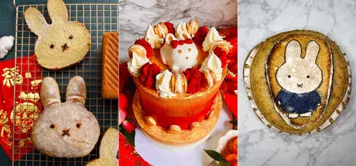 This combination of image shows bakes goods, from left, Year of the Rabbit milk bread, a two-tier Lunar New Year cake with a Year of the Rabbit theme, and a sourdough boule with an illustration of Miffy, a rabbit from a popular Dutch picture book series. With Lunar New Year, the possibilities of dessert or as varied as the Asian diasporas around the world that celebrate the occasion. In this age of social media, food savvy and cultural pride, younger generations of Asians are getting more inspir