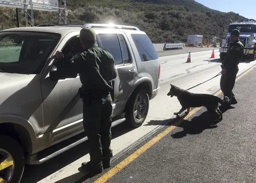 Border patrol agents use a drug sniffing dog to check vehicles at California's Pine Valley checkpoint, on the main route from Arizona to San Diego, Dec. 14, 2017 (AP Photo/Elliot Spagat, File)