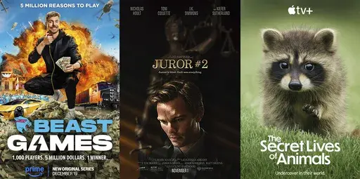 This combination of images shows promotional art for the series "Beast Games," from left, the film "Juror #2," and "The Secret Lives of Animals." (Prime/Warner Bros./Apple TV+ via AP)