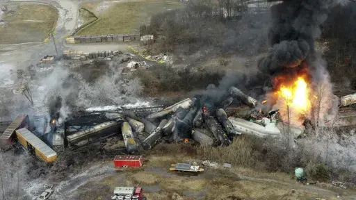 This photo taken with a drone shows portions of a Norfolk and Southern freight train that derailed the night before in East Palestine, Ohio, on Feb. 4, 2023. The Federal Railroad Administration recently completed a review of Norfolk Southern's safety culture done in the wake of the fiery Feb. 3 derailment in Ohio, and officials plan to follow up with similar investigations of all the major freight railroads over the next year. (AP Photo/Gene J. Puskar, File)