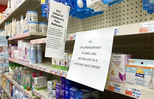 A sign is placed near the section for children's medicine, Sunday, Dec. 18, 2022 at a CVS in Greenlawn, N.Y. Caring for a sick child has become even more stressful than usual for many U.S. parents in recent weeks due to shortages of Children’s Tylenol and other medicines. (AP Photo/Leon Keith)
