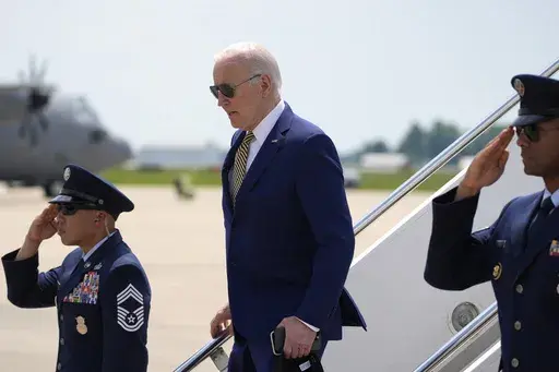 President Joe Biden arrives on Air Force One at Delaware Air National Guard Base in New Castle, Del., Saturday, May 25, 2024. (AP Photo/Alex Brandon)