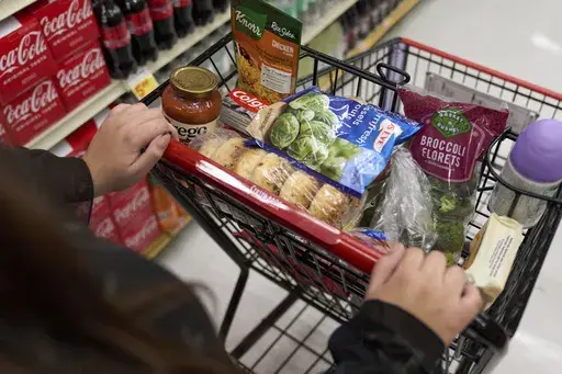 A food shopper pushes a cart of groceries at a supermarket in Bellflower, Calif., on Monday, Feb. 13, 2023. (AP Photo/Allison Dinner, File)