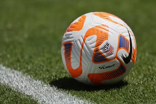 A soccer ball sits during a FIFA Women's World Cup send-off soccer match in San Jose, Calif., Sunday, July 9, 2023. (AP Photo/Josie Lepe)