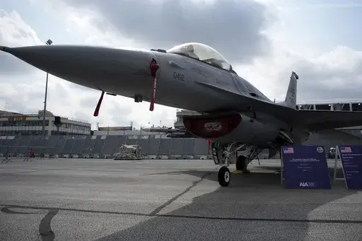 U.S. Air Force F-16 fighter jet is on display during the Paris Air Show in Le Bourget, north of Paris, France, Monday, June 19, 2023. The U.S. is beefing up its use of fighter jets around the strategic Strait of Hormuz to protect ships from Iranian seizures, a senior defense official said Friday, July 14, adding that the U.S. is increasingly concerned about the growing ties between Iran, Russia and Syria across the Middle East. (AP Photo/Lewis Joly, File)