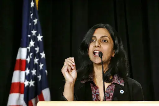 New Seattle City Councilmember Kshama Sawant speaks during an inauguration ceremony for city officials Monday, Jan. 6, 2014, in Seattle. One of Sawant’s earliest memories of the caste system was hearing her grandfather – a man she “otherwise loved very much” – utter a slur to summon their lower-caste maid. Now an elected official in a city thousands of miles from India, she has proposed an ordinance to add caste to Seattle’s anti-discrimination laws. (AP Photo/Elaine Thompson, File)