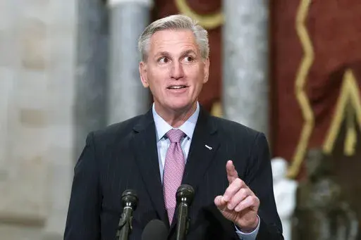 Speaker of the House Kevin McCarthy, R-Calif., speaks during a news conference in Statuary Hall at the Capitol in Washington, Thursday, Jan. 12, 2023. McCarthy rounded his first full week as House speaker in the most outwardly orderly way. There was hardly a hint of the chaotic, rebellious fight it took for the Republicans to arrive here, having barely installed him as the leader with the gavel. (AP Photo/Jose Luis Magana)
