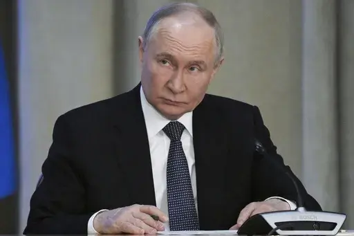 Russian President Vladimir Putin attends a meeting of the Prosecutor General's Office Board in Moscow, Russia, Wednesday, March 19, 2025. (Alexei Nikolsky, Sputnik, Kremlin Pool Photo via AP)