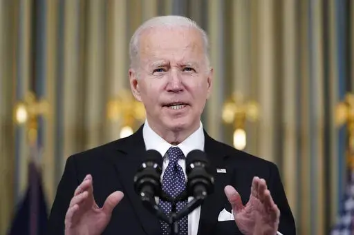President Joe Biden speaks about his proposed budget for fiscal year 2023 in the State Dining Room of the White House, Monday, March 28, 2022, in Washington. (AP Photo/Patrick Semansky)