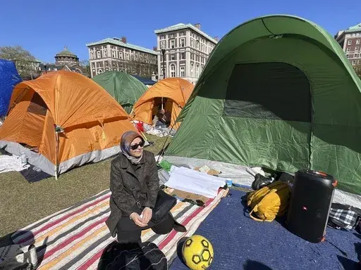 Nahla Al-Arian visits the pro-Palestinian protesters encampment on the campus of Columbia University, Thursday, April 25, 2024, in New York. (Laila Al-Arian via AP)