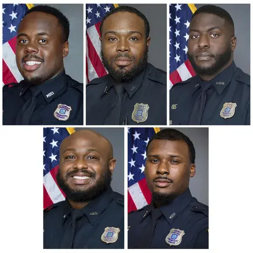 This combo of images provided by the Memphis, Tenn., Police Department shows, top row from left, officers Tadarrius Bean, Demetrius Haley, Emmitt Martin III, and bottom row from left, Desmond Mills Jr. and Justin Smith. The five former Memphis police officers are now facing federal civil rights charges in the beating death of Tyre Nichols as they continue to fight second-degree murder charges in state courts arising from the killing. They were indicted Tuesday, Sept. 12, 2023, in U.S. District C