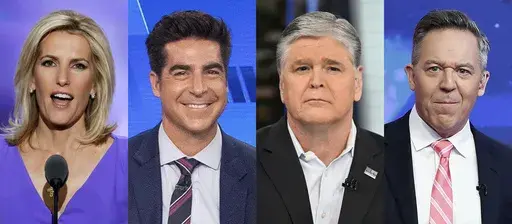 This combination of photos show Fox News commentators Laura Ingraham, from left, Jesse Watters, Sean Hannity and Greg Gutfeld. Watters will host an opinion show in the time slot formerly occupied by Tucker Carlson, Fox News Channel announced Monday. “Jesse Watters Primetime" will begin at 8 p.m. Eastern on July 17 as part of a revamped weekly nighttime lineup on Fox News. Laura Ingraham's show will air at 7 p.m., with Sean Hannity's popular show remaining at 9 p.m. Greg Gutfeld's late-night sh