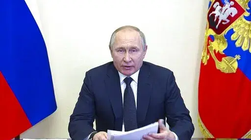 In this photo taken from video released by the Russian Presidential Press Service, Russian President Vladimir Putin speaks via videoconference at the Novo-Ogaryovo residence outside Moscow, Russia, Wednesday, March 16, 2022. (Russian Presidential Press Service via AP, File)