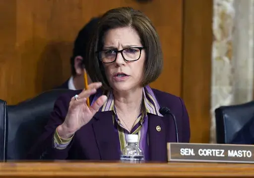 Sen. Catherine Cortez Masto, D-Nev., speaks during a Senate Energy and Natural Resources hearing to examine the President's proposed budget request for fiscal year 2023 for the Department of Energy, May 5, 2022, in Washington. Many of the nation’s most vulnerable Democrats are actively trying to distance themselves from Washington, including Cortez Masto who is nearing the end of her first six-year term. (AP Photo/Mariam Zuhaib, File)