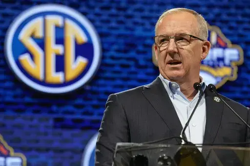 SEC Commissioner Greg Sankey speaks during the NCAA college football Southeastern Conference Media Days, Monday, July 17, 2023, in Nashville, Tenn. (AP Photo/George Walker IV)
