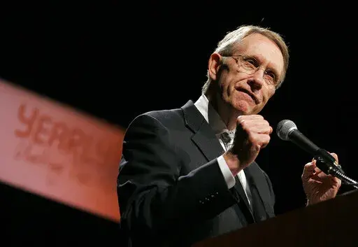 FILE -  Senate Minority Leader Harry Reid, D-Nev., delivers a speech at the YearlyKos convention in Las Vegas on June 10, 2006. Reid, the former Senate majority leader and Nevada’s longest-serving member of Congress, has died. He was 82. (AP Photo/Jae C. Hong, File)