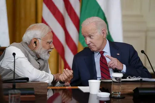 President Joe Biden speaks with India's Prime Minister Narendra Modi and American and Indian business leaders in the East Room of the White House, Friday, June 23, 2023, in Washington. On Friday, June 30, The Associated Press reported on a video clip being shared online that shows Biden talking about selling “state secrets” but omits when he made clear that he was joking. (AP Photo/Evan Vucci, File)