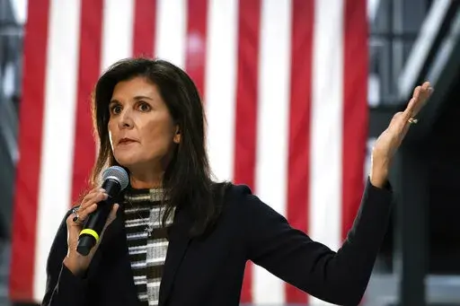 Republican presidential candidate Nikki Haley speaks to voters at a town hall campaign event, Monday, Feb. 20, 2023, in Urbandale, Iowa. On Friday, Feb 24, The Associated Press reported on stories circulating online incorrectly claiming Haley “changed” her name for political reasons. (AP Photo/Charlie Neibergall, File)