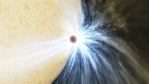 This illustration provided Caltech/IPAC by depicts a planet skimming the surface of its star. Astronomers reported their observations Wednesday, May 3, 2023, of what appears to be a gas giant at least the size of Jupiter being eaten by its star. The sun-like star had been puffing up with old age for eons and finally got so big that it engulfed the close-orbiting planet. (K. Miller, R. Hurt/Caltech/IPAC via AP)