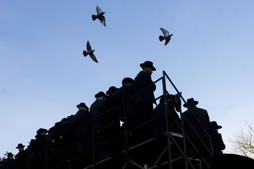 Pigeons fly above rabbis gathering for a group photo at the Chabad-Lubavitch World Headquarters, Sunday, Nov. 4, 2018, in New York. The synagogue in New York's Brooklyn borough is closely tied with Rabbi Menachem Mendel Schneerson's enduring influence in global Judaism and beyond in the three decades since his death, but it received unwanted attention in January 2024 with a brawl between some worshippers and police, part of a sequence of events that began with the discovery of a secretly dug tun