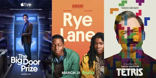 This combination of images shows promotional art for "The Big Door Prize," premiering March 29 on Apple TV+, from left, "Rye Lane," a film premiering March 31 on Hulu and "Tetris," a film premiering March 31 on Apple TV+. (Apple TV+/Hulu/Apple TV+ via AP)