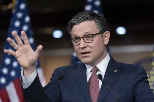 Speaker of the House Mike Johnson, R-La., and the House Republican leadership meet with reporters as lawmakers work to pass the final set of spending bills to avoid a partial government shutdown, at the Capitol in Washington, Wednesday, March 20, 2024. (AP Photo/J. Scott Applewhite)