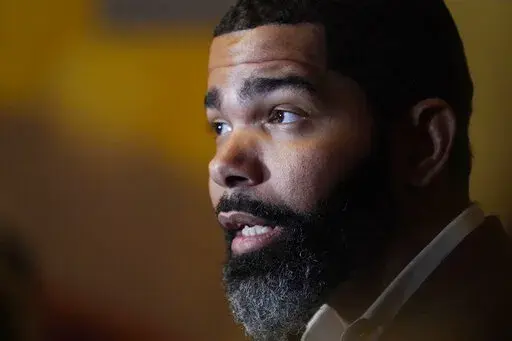 Jackson, Miss., Mayor Chokwe Antar Lumumba speaks with reporters about the efforts underway to deliver a sustainable water system for Jackson residents following a roundtable discussion with community leaders and residents, Nov. 15, 2022, at Jackson State University. Lumumba said Monday, Jan. 30, 2023, legislation that would create a separate court system run by unelected judges in part of Mississippi’s capital city is racially motivated. (AP Photo/Rogelio V. Solis, File)